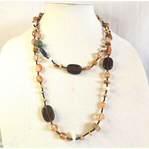 Natural Polished Stone and Glass Beaded Necklace Earth Tones 46" Vtg Microbeads